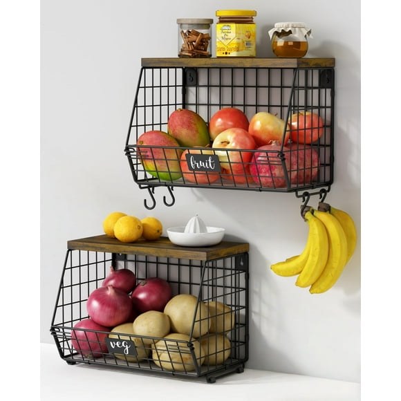 Canasta colgante de pared para frutas Goozii, paquete de 2, con tapa de madera