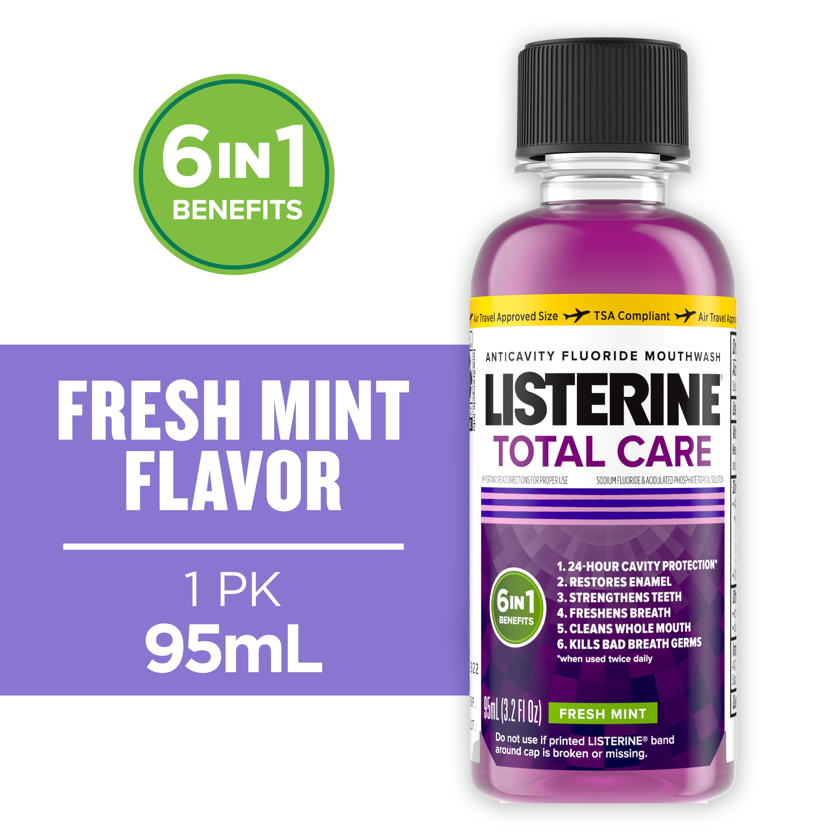 Listerine Total Care Anticavity Fluoride Mouthwash, Fresh Mint, 95 mL