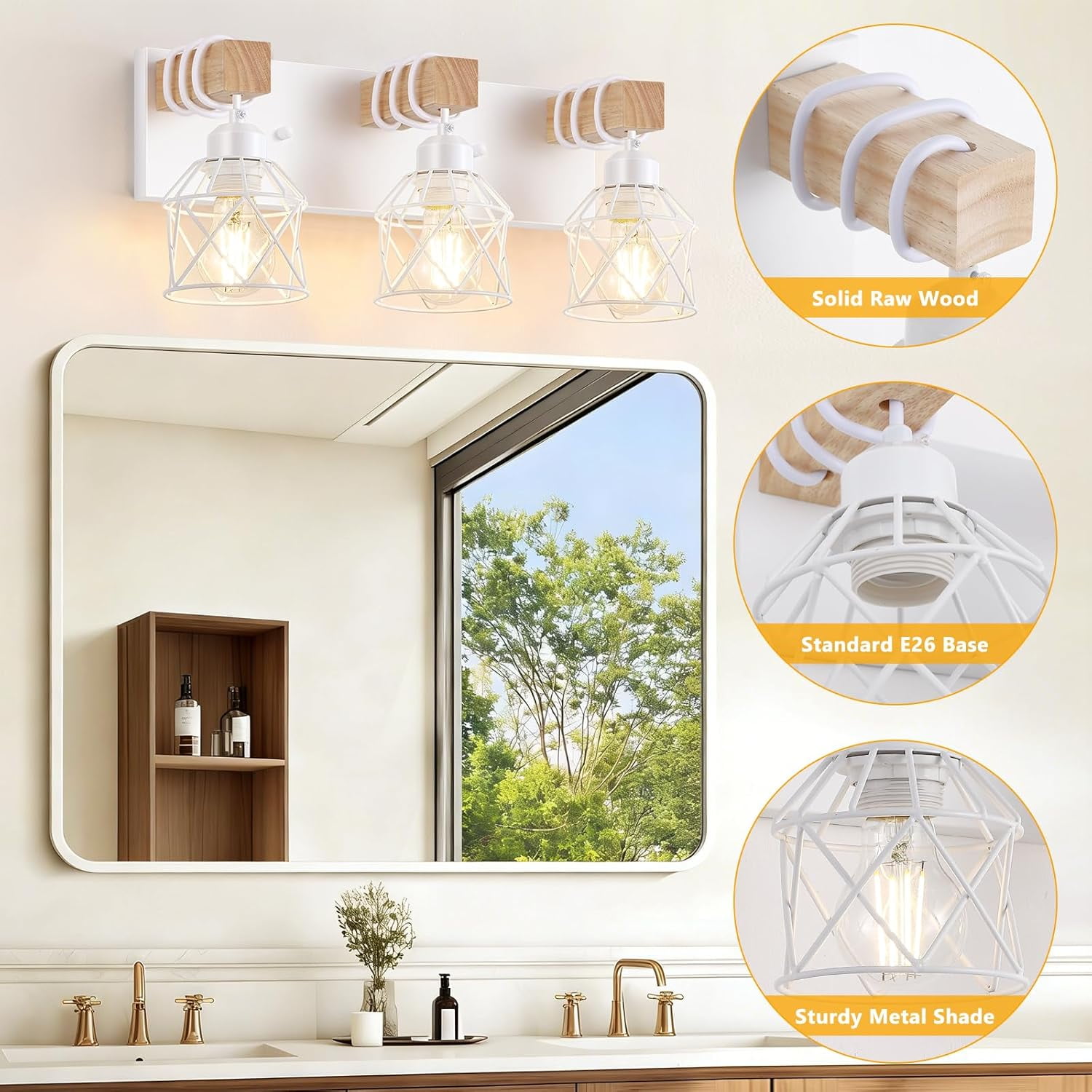 Farmhouse Vanity Light for Bathroom, 3-Light White Wood Bathroom Vanity Light Fixtures Over Mirror, Rustic Sconces Wall Lighting with Metal Lampshade for Living Room, Bedroom, Hallway