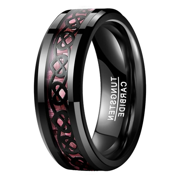 8mm Pink Carbon Fiber Black Celtic Heart Knot Tungsten Carbide Ring Size 7 to 12