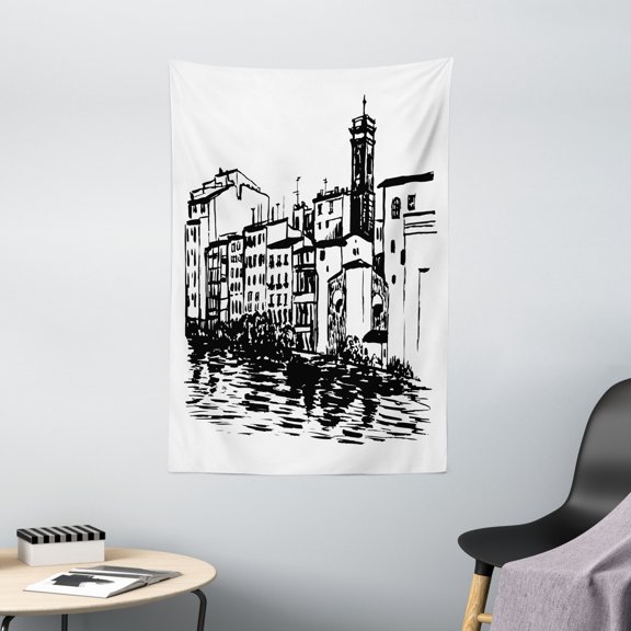 European Tapestry, Venice City Sketch Style Hand Drawn Historical Buildings Tourist Town Picture, Wall Hanging for Bedroom Living Room Dorm Decor, 40W X 60L Inches, Black White, by Ambesonne