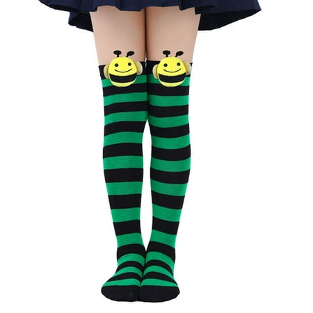 ZACPNCV Girls Knee High Sock Striped Over Knee Thigh High Socks Kids Bee Halloween Party Striped Tights Stockings Olive Green 7-12 Years