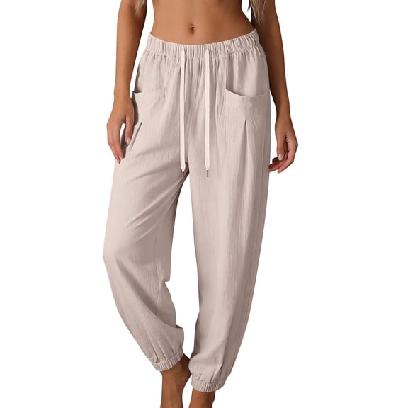 Npasoilc Sweatpants for Women Solid Color Drawstring Elastic Waist Linen Pocket Casual Trousers,Beige