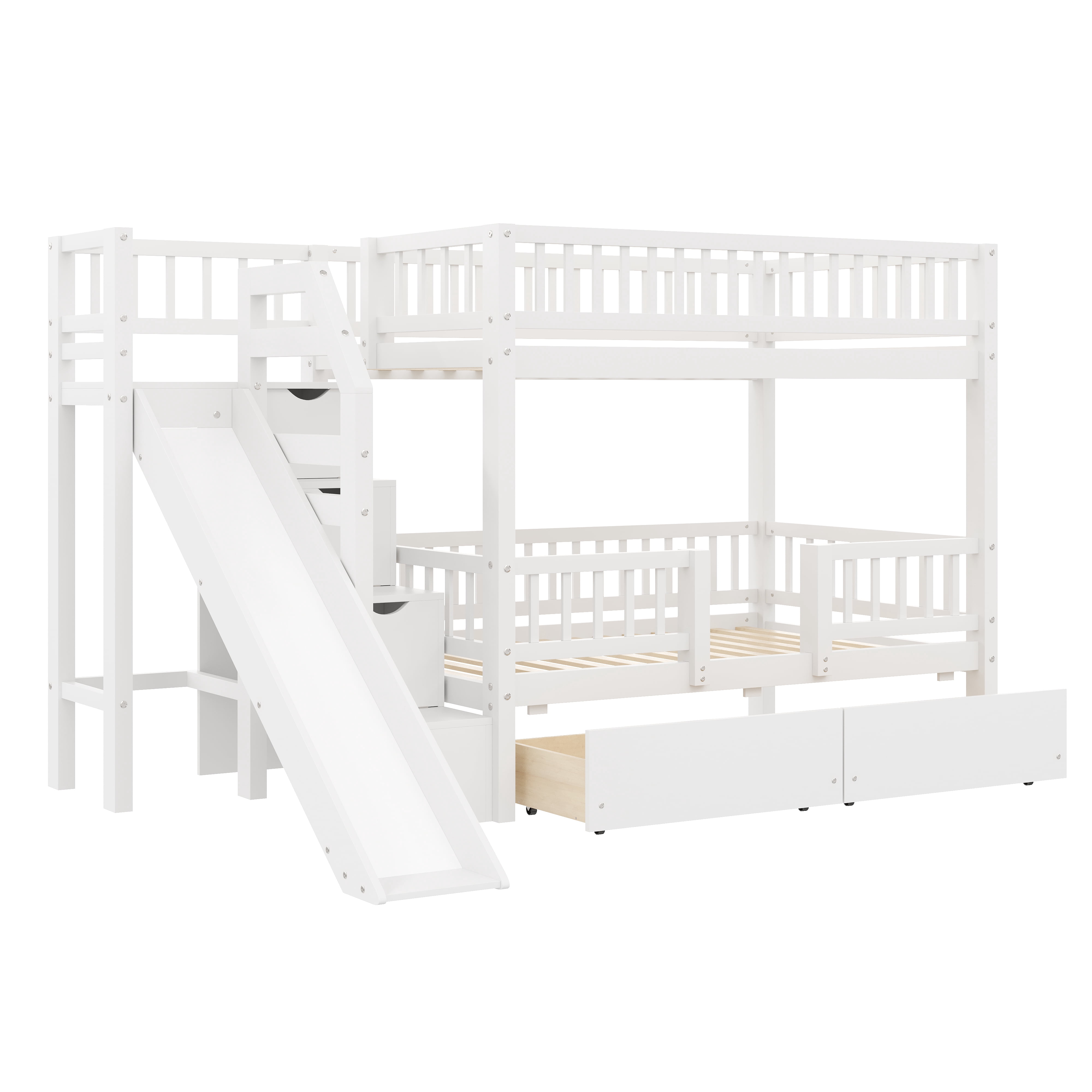 Euroco Twin over Twin Bunk Bed with Storage Staircase and Slide, White