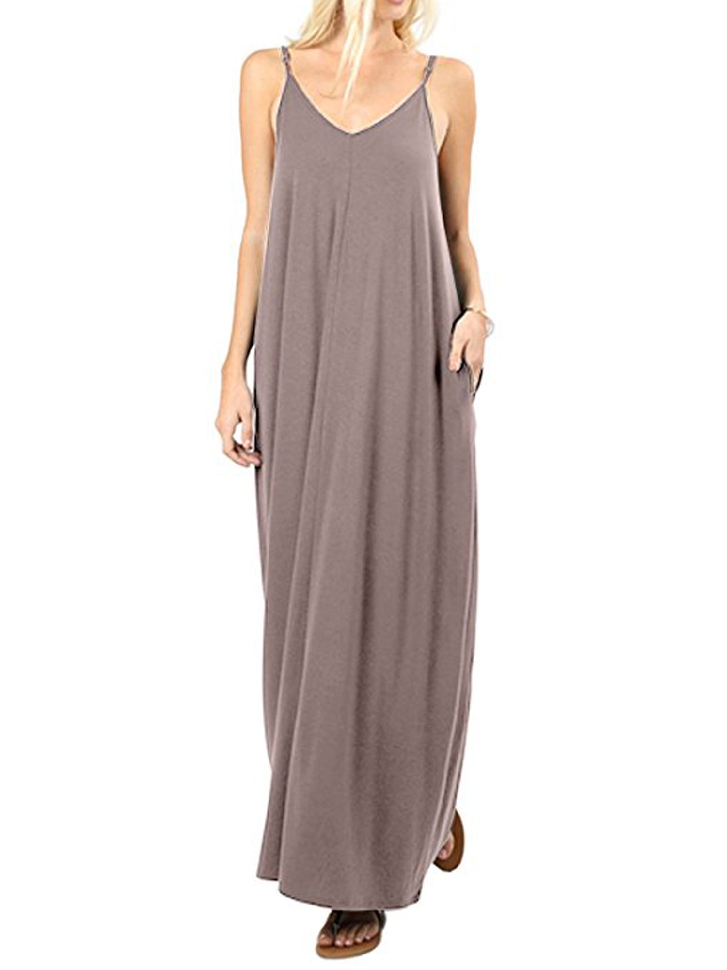 Onefa Womens Bohemian Plus Size Dress Vintage Print Sleeveless V Neck Casual Maxi Dress Gray, M