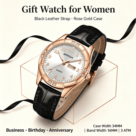 SANDA Women's Analog Quartz Watch, Rose Gold Case Crystal Accents, Day & Date Display, PU Leather Strap Dress Wrist Watch for Ladies