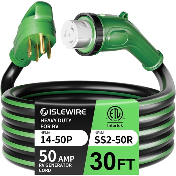 HRT 30FT 50 Amp RV Power Cord with LED Indicator, NEMA 14-50P to SS2-50R, Heavy Duty 6/3 8/1 Gauge STW, Twist Lock for RV, Generator, ETL
