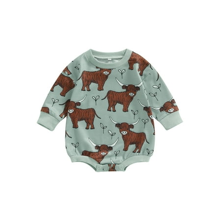 

Seyurigaoka Baby Boy Girls Bodysuits Long Sleeve Round Neck Cartoon Bull Print Jumpsuits Casual Spring Fall Romper Tops
