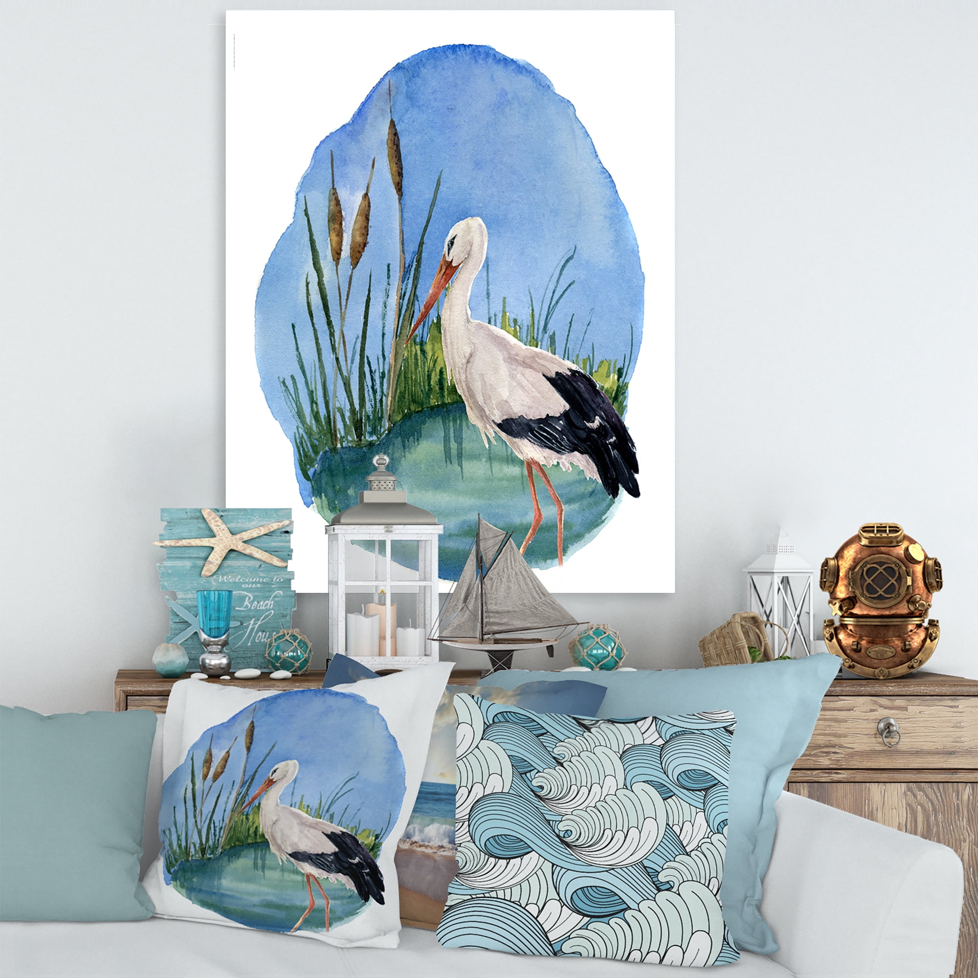 Designart ' White Stork On The Swamp Blue ' Traditional Canvas Wall Art Print