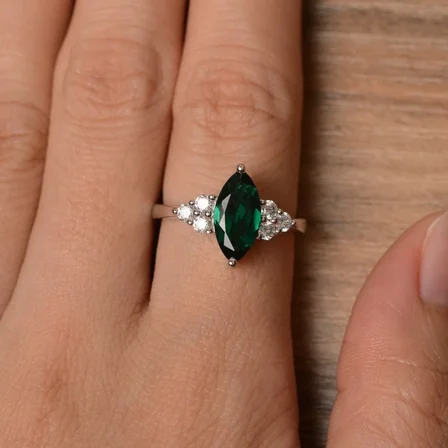14k White Gold Plated Lab Created Diamond Marquise Cut Green Emerald Ring