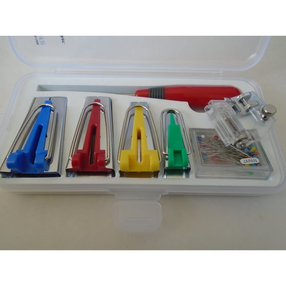 STURDY BOX of BINDER FOOT BIAS TAPE MAKER UTILITY AWL SET for QUILTING SEWING