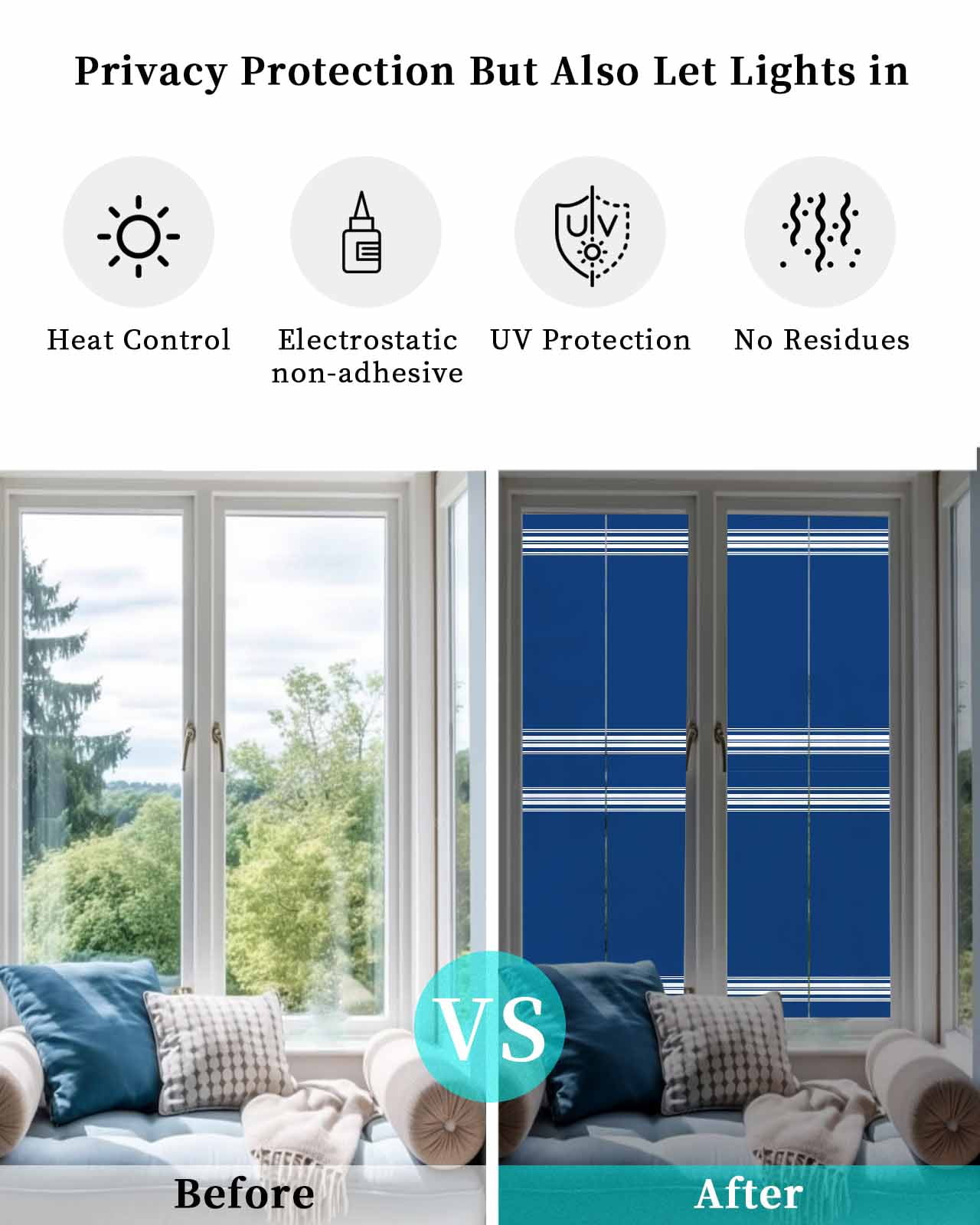 Window Privacy Film, Blue Stripes UV Sun Blocking Window Tint Film Heat Control One Way Blackout Window Film, Farmhouse Modern White Vertical Lines Non Adhesive Static Cling Sticker 17.7x78.7 In