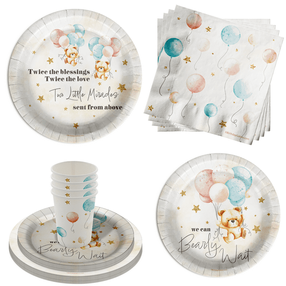 Teddy Bear Party Supplies - Twin Baby Shower Party Supplies 64 Piece Tableware Set Includes Large 9" Paper Plates Dessert Plates, Cups and Napkins Kit for 16