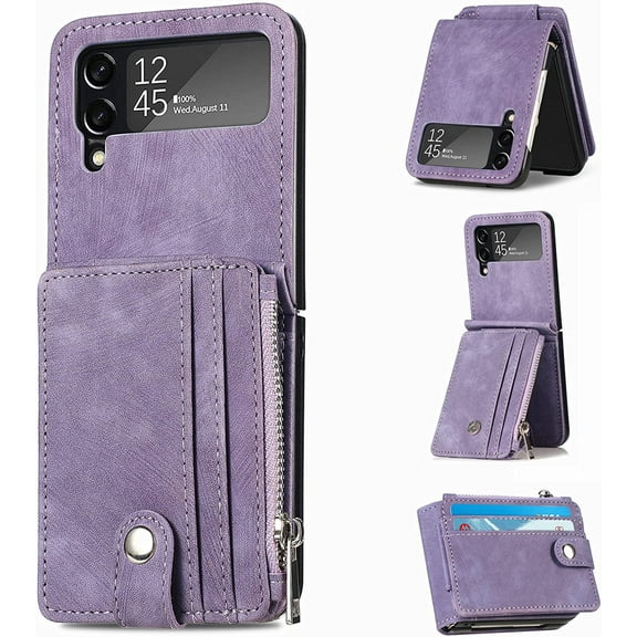 2 in 1 Wallet Case for Samsung Galaxy Z Flip 3 5G, Durable PU Leather Detachable Magnetic Zipper Pouch Purse Cover for Galaxy Z Flip 3 Case with Card Slots Stand Holder,Purple