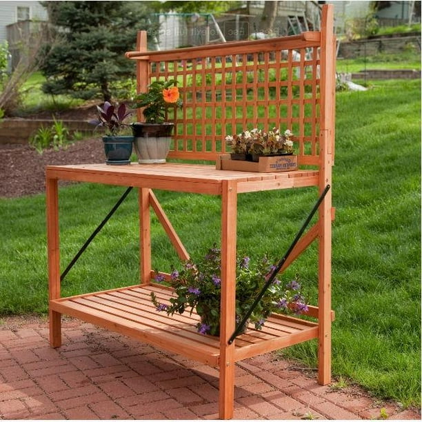 Outdoor WeatherResistant Fir Wood Potting Bench Garden Table with Lattice Back