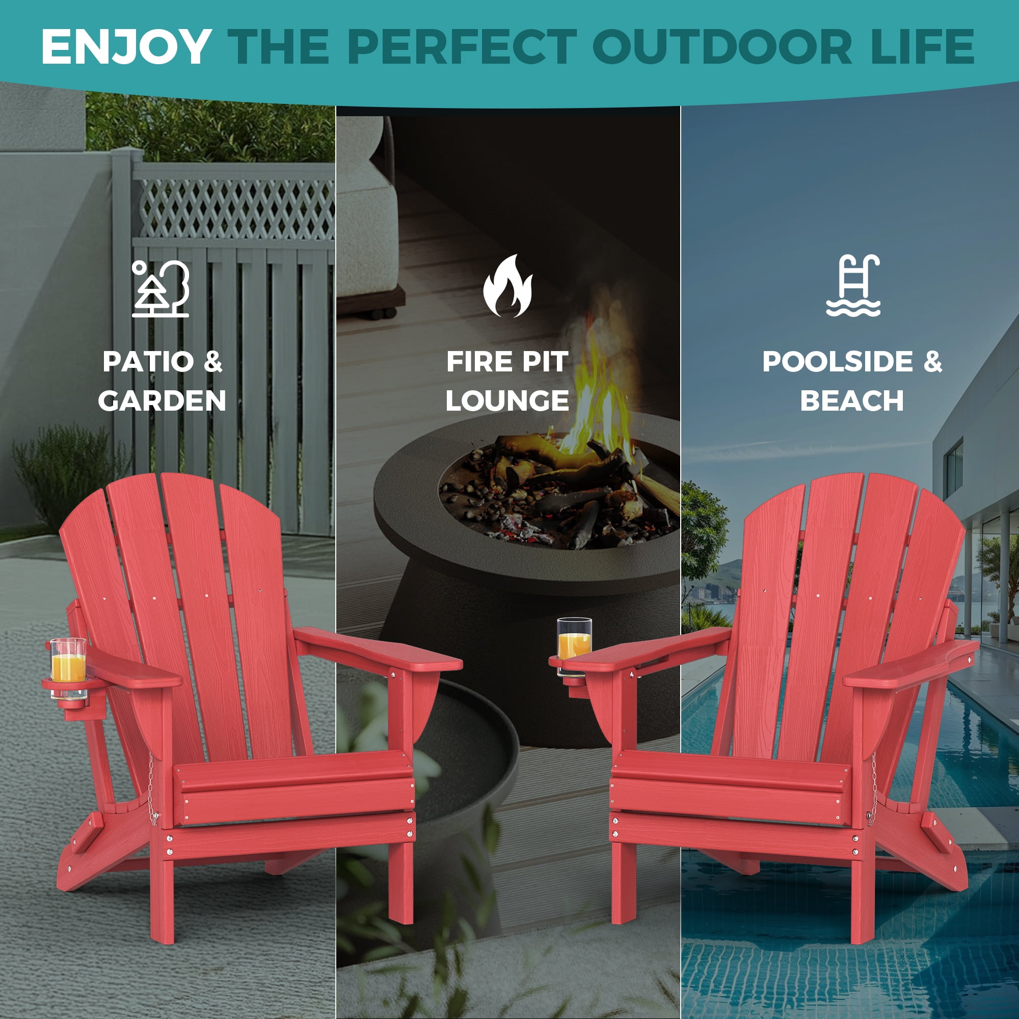Folding Adirondack Chair Set of 2, Oversized HDPE Plastic Patio Chairs, Red