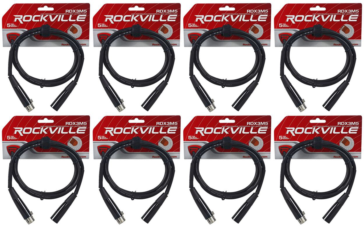 8 Rockville RDX3M5 5 Foot 3 Pin DMX Lighting Cables 100% Copper Female to Male 