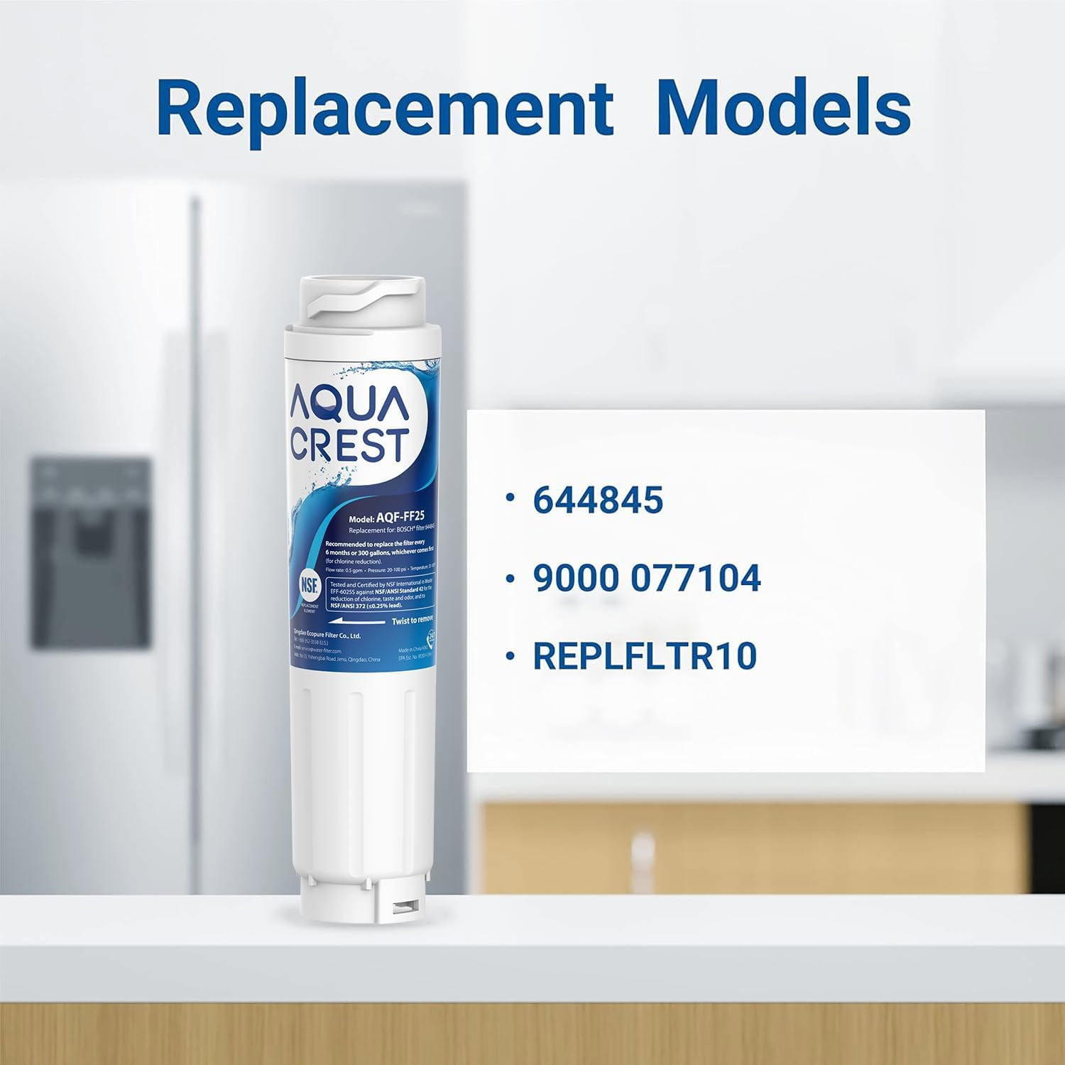 AQUA CREST 644845 Refrigerator Water Filter Replacement for Bosch® Ultra Clarity® 11034152, 9000077104, 9000194412, B26FT70SNS, B22CS80SNS, B22CS50SNS, Haier 0060820860, Miele KWF1000, 3 Filters