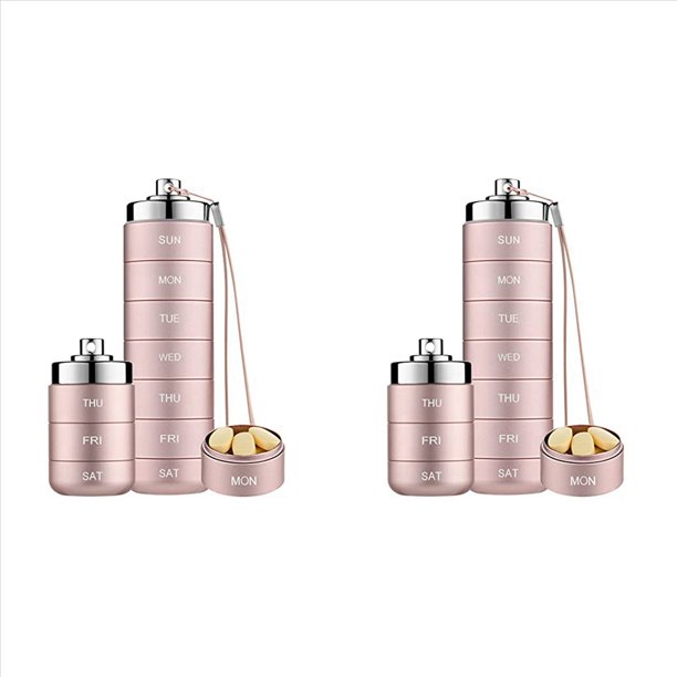 2X Pastillero de Metal Semanal, Apilable, Impermeable, de Viaje, Pastillero, Contenedor de Pastillas, Organizador Diario de Medicamentos de 7 Días, Color Rosa
