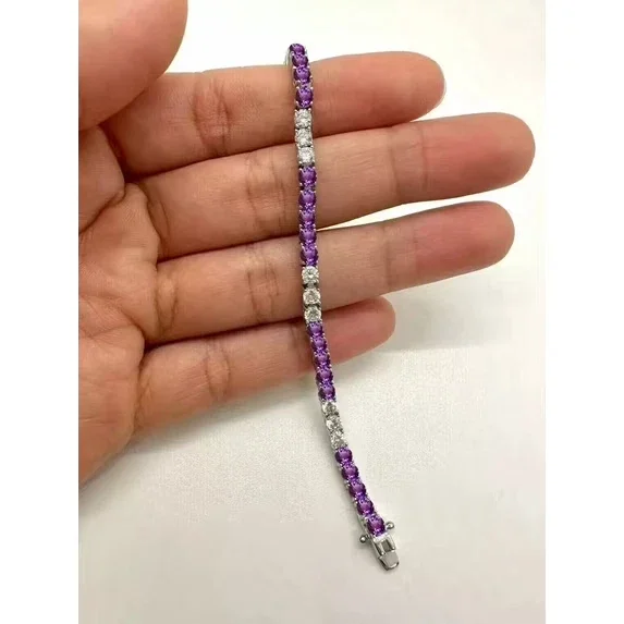 Beautiful 4MM 9Ct Round Cut Simulated Purple Amethyst Womens 7 Inch Tennis Bracelet 14K White Gold Plated 925 Sterling Silver 7'