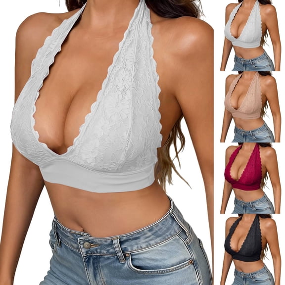 IQOGKRN Lace Bralette for Women Wireless Bralettes Non Padded Bralette V Neck Minimizer Lingerie Beige L