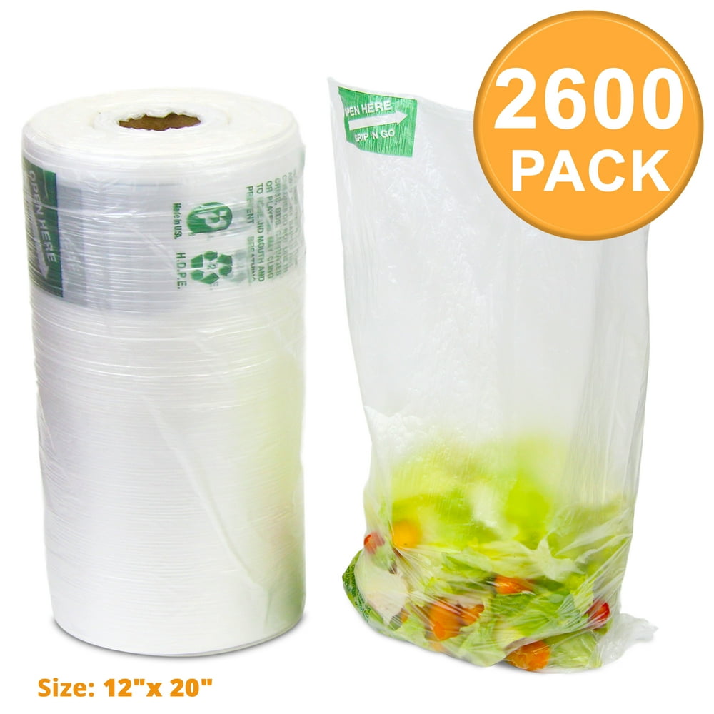 2600 Ct 12"x 20" Large Plastic Produce Bag Roll, US Made HDPE, Durable