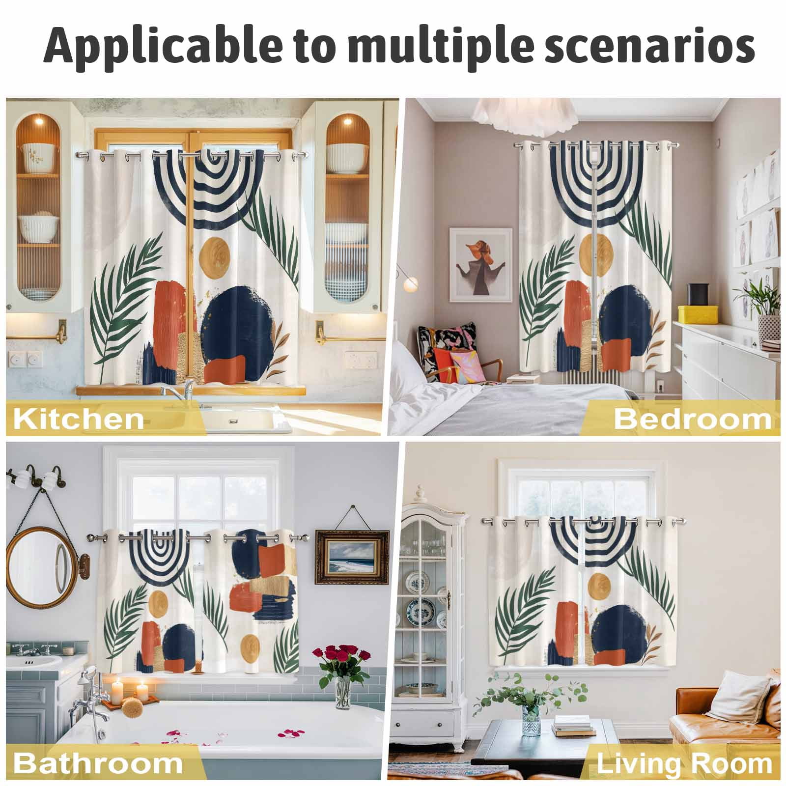 2 Panels Kitchen Tier Curtains 39 Inch Length, Boho Grommets Window Treatment Curtain, Middle Century Leaves Bohemia Minimalist Abstract Art Beige Thermal Curtains Drapes for Living Room/Bathroom