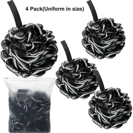 RUseeN 4 Pcs Bath Sponge Shower Loofahs Bulk 60 g Charcoal Body Shower Sponge Large Mesh Puff Soft Scrubber for Men and Women Exfoliating Shower Pouf Balls with Bathing Accessories (Black White)