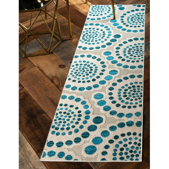 Unique Loom Outdoor Modern Collection Area Rug - Charlotte (2' x 6' 1" Runner Cream/Teal)