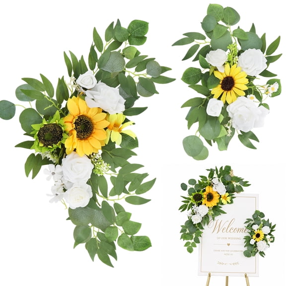 2 Pcs Sunflower Wedding Decorations, Artificial Arch Flowers with Silk Yellow Sunflowers and White Roses, Floral Swag for Wedding Welcome Sign Ceremony Backdrop Reception Garden Decor