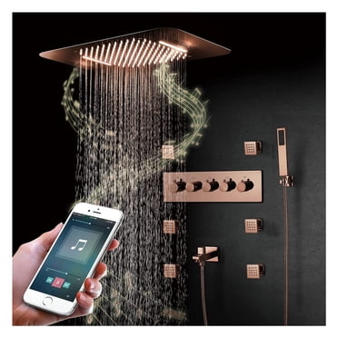 Music Shower System 64 Colors LED Shower Combo Set Thermostatic Bathroom Shower Faucet Rose Gold Bluetooth Smart Musical Shower Set with 22.8*14.9 Inches Shower Head, 6pcs 2 Inches Body Spray Jets