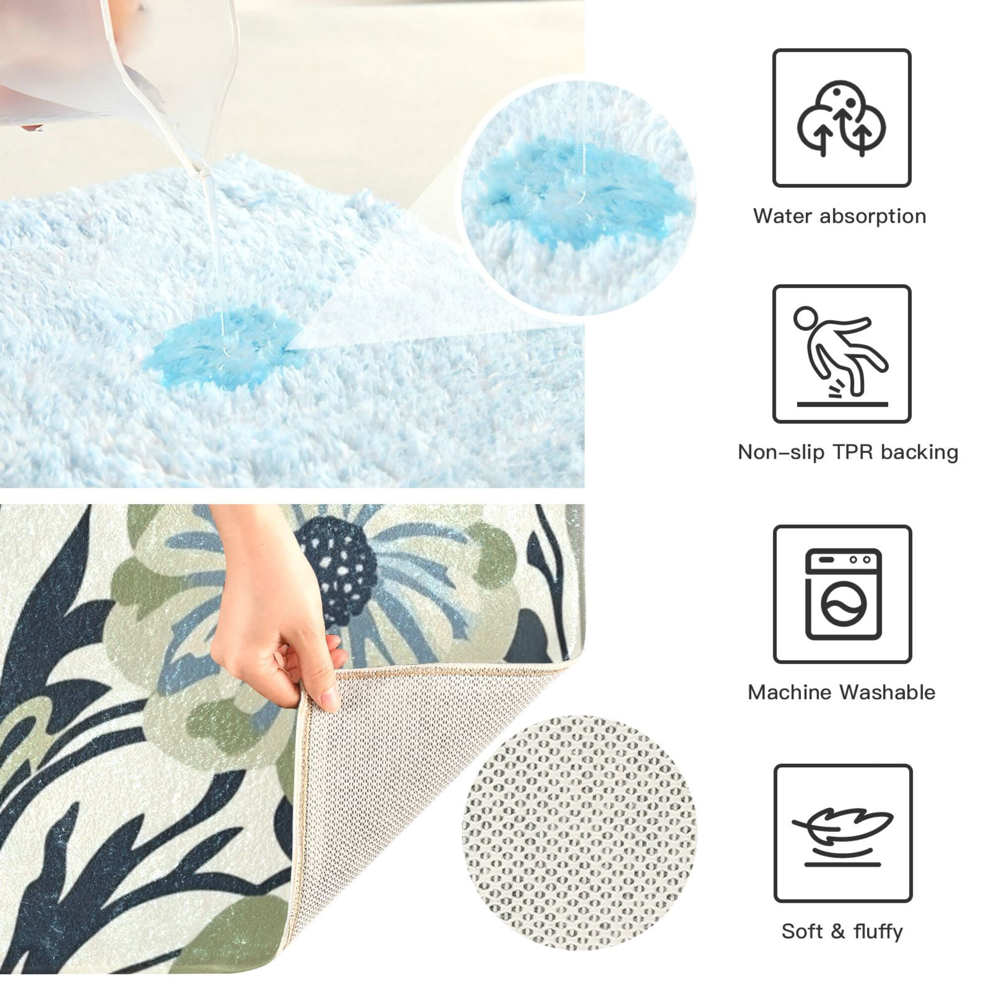 Yayeee Bath Rug for Bathroom Floor Non Slip Rectangle Fluffy Soft Absorbent Mat, 16"x24", Blue Floral Pattern