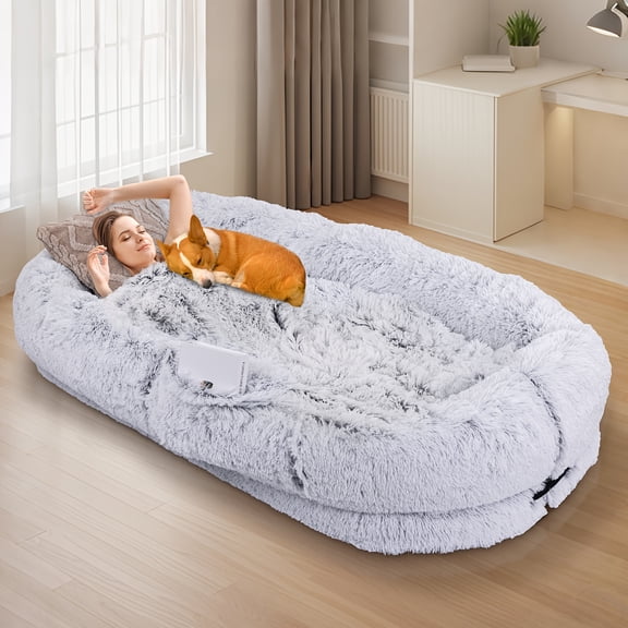 Dog Bed for Humans & Pets, Washable Faux Fur Oval Pet Bed with Plush Pillow, No Assembly Cozy Nap Spot for Medium Dogs, Elegant Home Decor