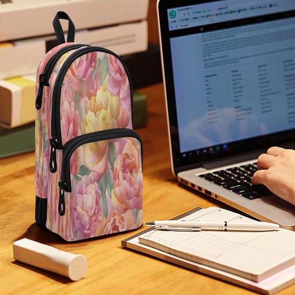 Backpack Pencil Case, 3 Compartment Large Capacity Oxford Fabric Pencil Pouch / Blush Rose Gold Flowers