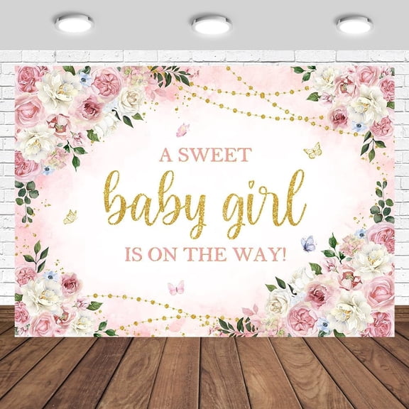 Floral Sweet Girl Baby Shower Backdrop A Sweet Baby Girl is On The Way Background Pink It's a Girl Newborn Birthday Party Decorations Banner Photo Studio Prop