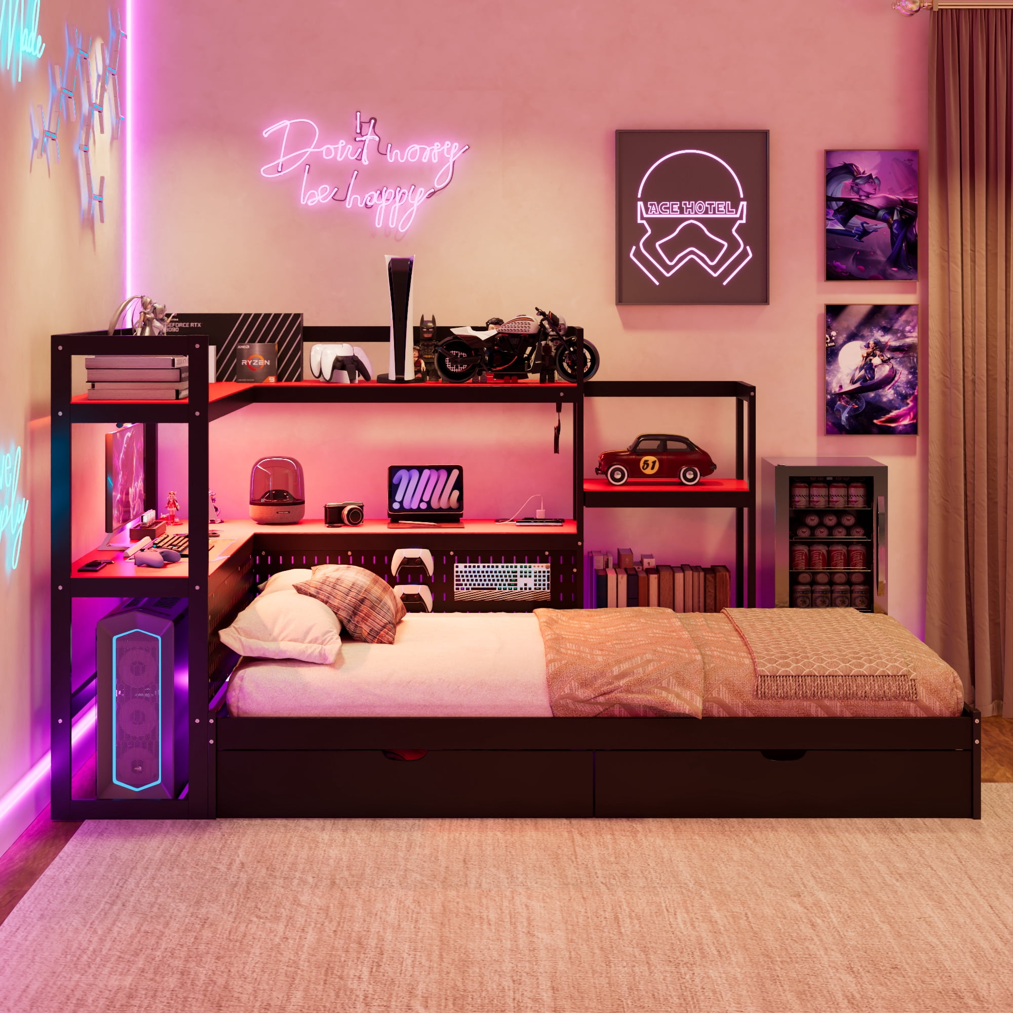 Mintazer Twin LED Gaming Daybed Storage Platform Bed with Charging Station & Integrated Desk Bookshelves and 3 Drawers for Kids Teens, Black+Red