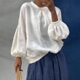 thumbnail image 2 of Womens Long Sleeve Shirts Helii Loose Linen Blouse Puff Lantern Sleeve Round Neck Shirt Travel Vacation Outfit Casual Lightweight Top for Summer Fall | M Size, 2 of 5