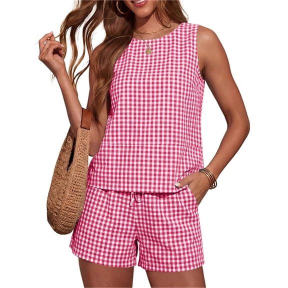 Htigea Womens Plaid 2 Piece Sets Casual Sleeveless Tank Top Shorts Matching Outfits Summer Loungewear Red S