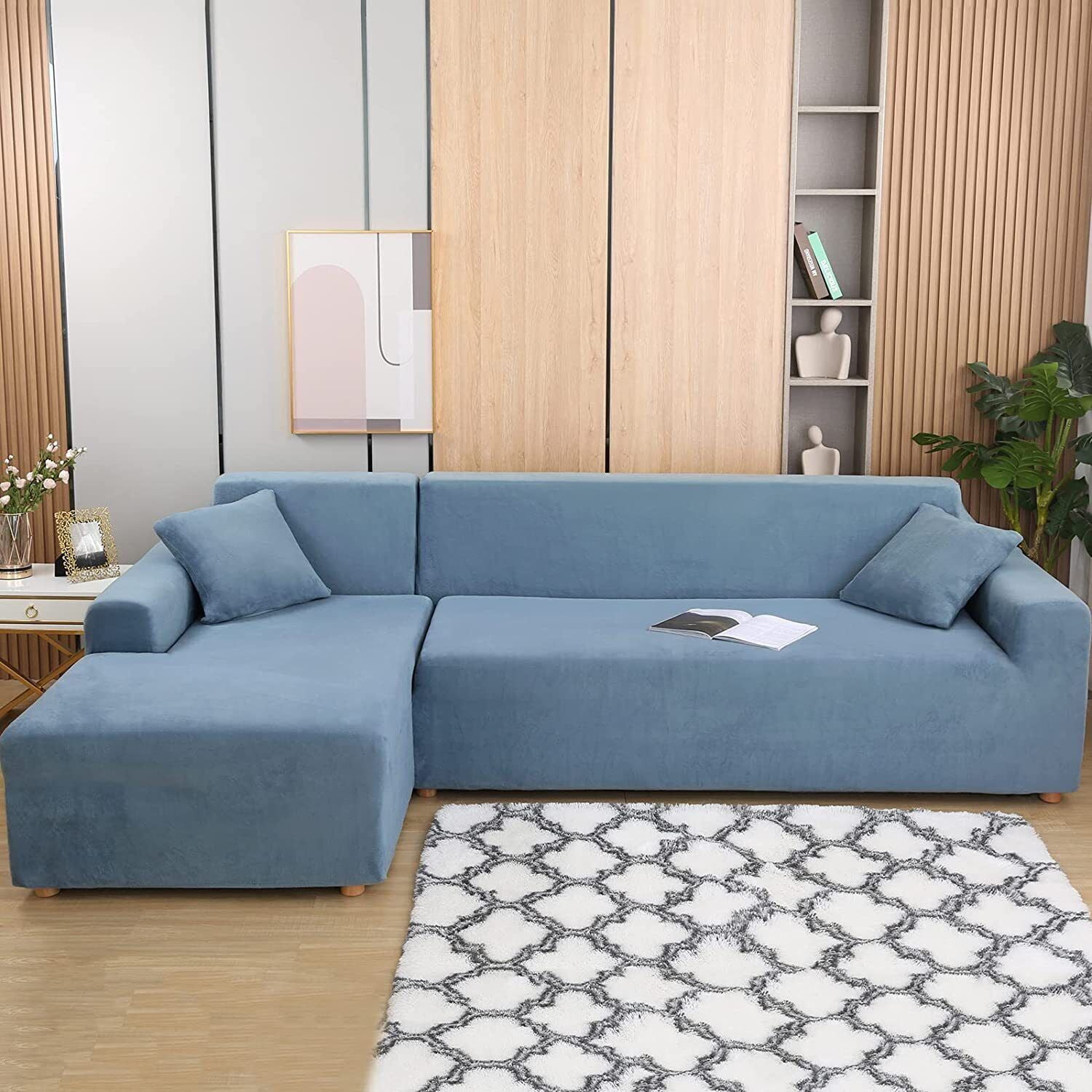 JIAN YA NA Sectional Sofa Slipcovers L Shape Couch Cover,2Pcs Thick Velvet Stretch Anti-Slip Couch Covers for 3 + 3 Seaters Chaise, Furniture Protector Slip Cover for Living Room Dogs  (Gray Blue)