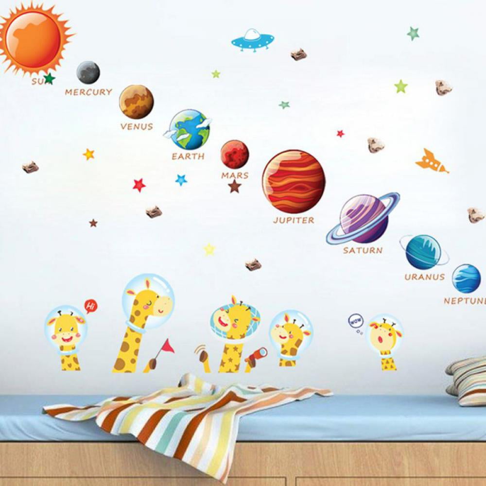 Kids Rooms Cartoon Wall Stickers Solar System Stars Outer Space School Decor 
