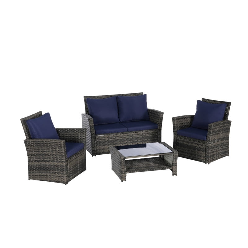 4-Piece Patio Furniture Set, Outdoor Wicker Sectional Sofa Set with Tempered Glass Coffee Table, Outdoor Conversation Set for Backyard Garden