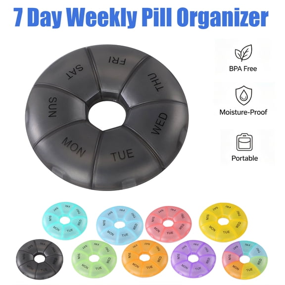 Yaoyar Round Portable Pill Box Medicine Planner Small Case (7 Day Weekly Travel Container) Medication, Vitamin Holder Boxes Organizer Pillbox Dispenser Organizer, Daily Sorter & Reminder Containers