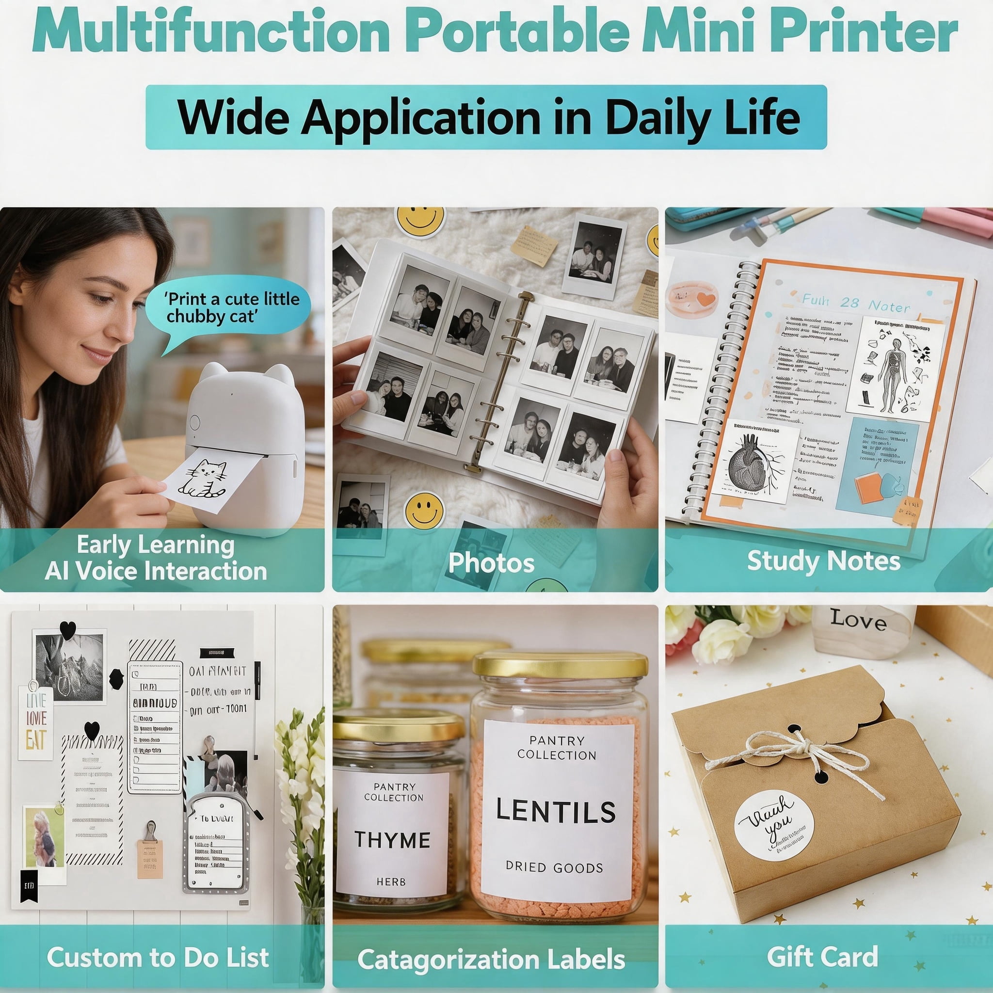 AI Voice-to-Image Printer, Portable Inkless Thermal Printer with AI Image Generation & Voice Q&A,  For DIY, Family Creative Time, Stickers, Creative Gift - White