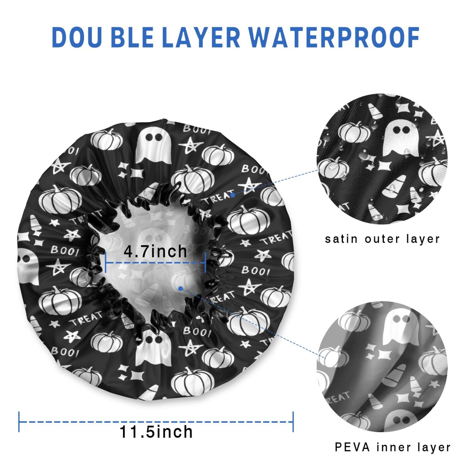 Shower Caps,Black Halloween Ghosts Pumpkins and Stars Waterproof Shower Cap for Women 4 Pieces,Double Reusable Hair Cover for Shower PEVA Elastic Stretch Hem