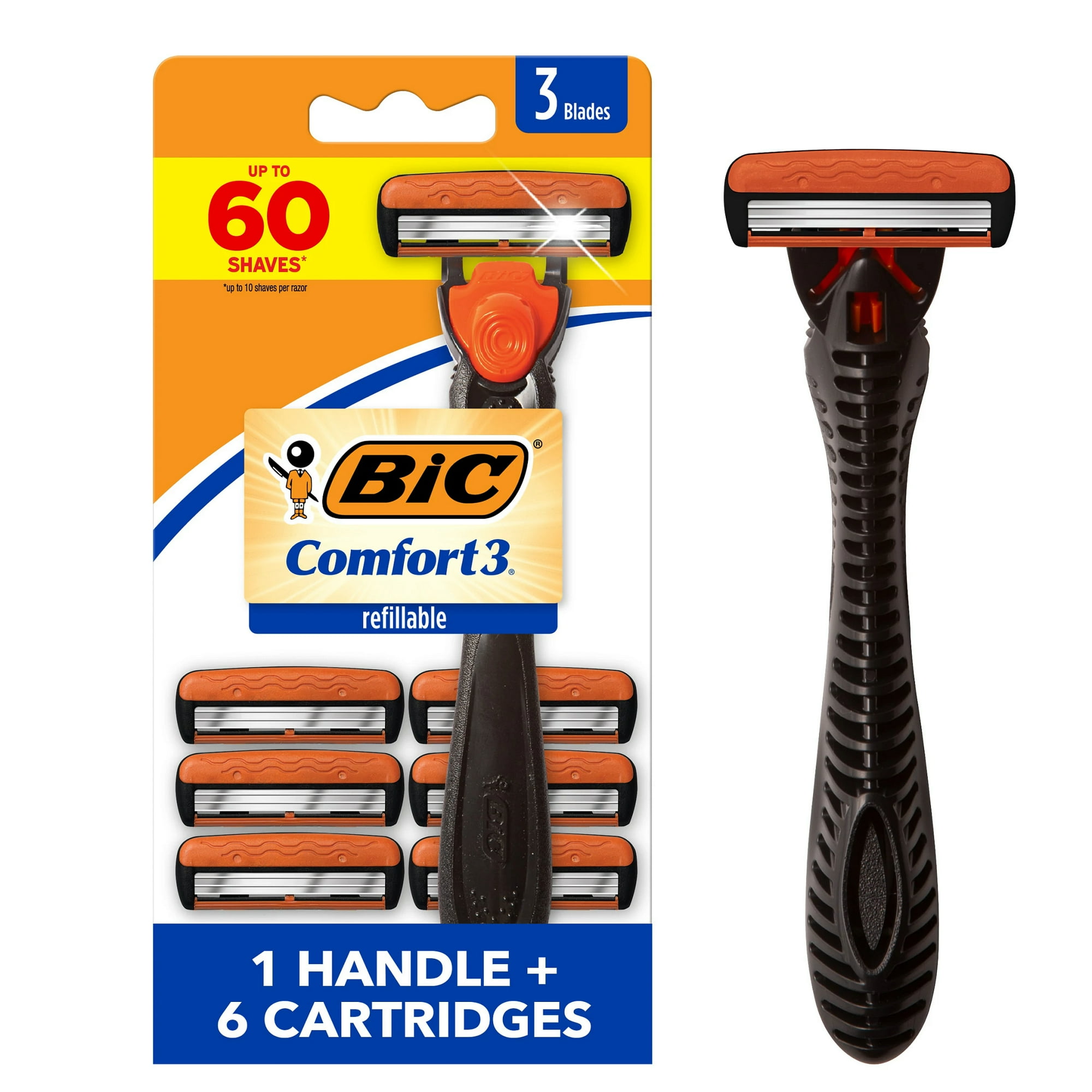 BIC Comfort 3 Refillable 3 Blade Razor for Men, 1 Handle and 6 Cartridges, 7 Piece Razor Set