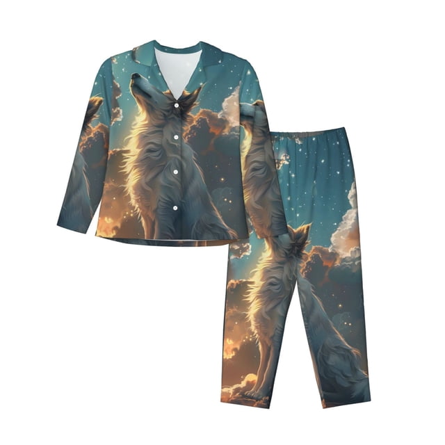 Balery Starry Sky Cloud Wolf Conjunto de Pijama con Estampado para Mujer, Conjunto de Dos Piezas con Manga Larga, Ropa de Dormir Suave con Bolsillos, Pijamas Cómodos-Large