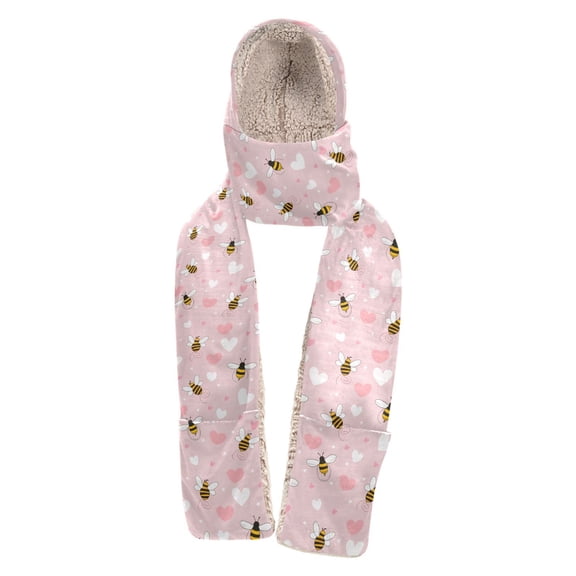 BZSMCE 3‑in‑1 Hooded Scarf with Pockets Soft Plush Lined Winter Hat Scarf Gloves Combo Bee Love Pattern Print Warm Neck Wrap for Outdoor Skiing Walking