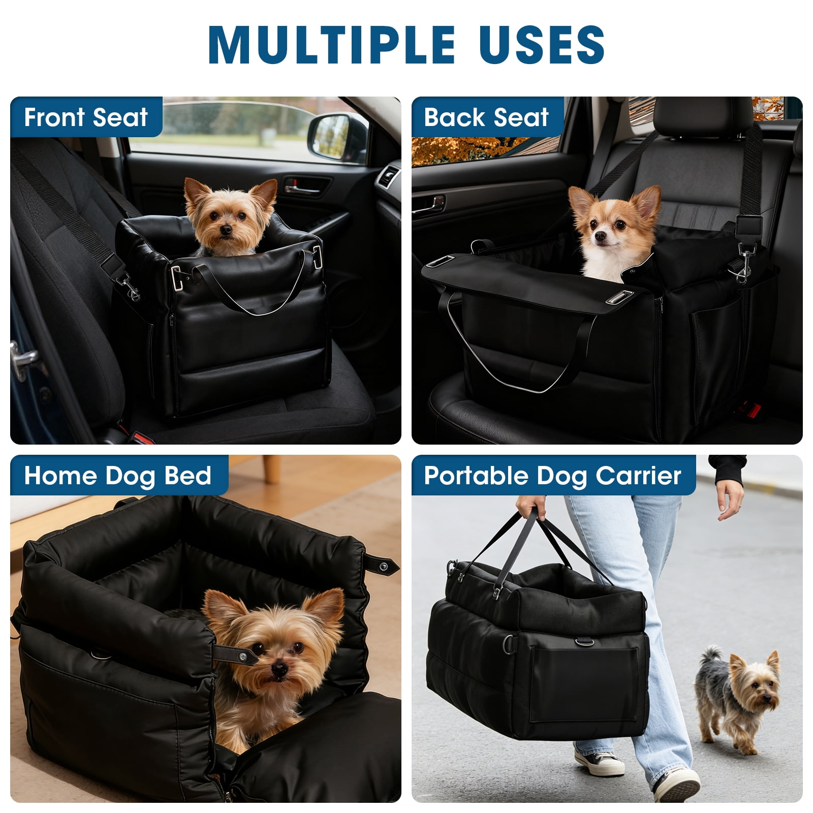 MQ Pet Car Seat, Waterproof Dog Car Bed with Removable Cover, Portable Dog Seat for Dogs Under 35 lbs for Travel and Home Use PU Leather Black