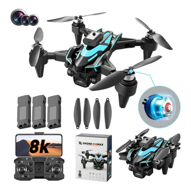 mini drone zll k12max con motor sin escobillas, cámara hd de 8k plegable — vista 3/4 frontal del dron negro con acentos azul claro y hélices desplegadas, cámara frontal integrada y patas; se muestran control remoto con soporte para smartphone, tres baterías recargables, hélices de repuesto y caja. Funciones clave según ficha: plegable, motores sin escobillas, evitación de obstáculos por infrarrojos 360°; adecuado para principiantes y vuelo recreativo en áreas abiertas; tiempo de vuelo combinado aprox. 30–45 min y distancia de control 80–100 m.