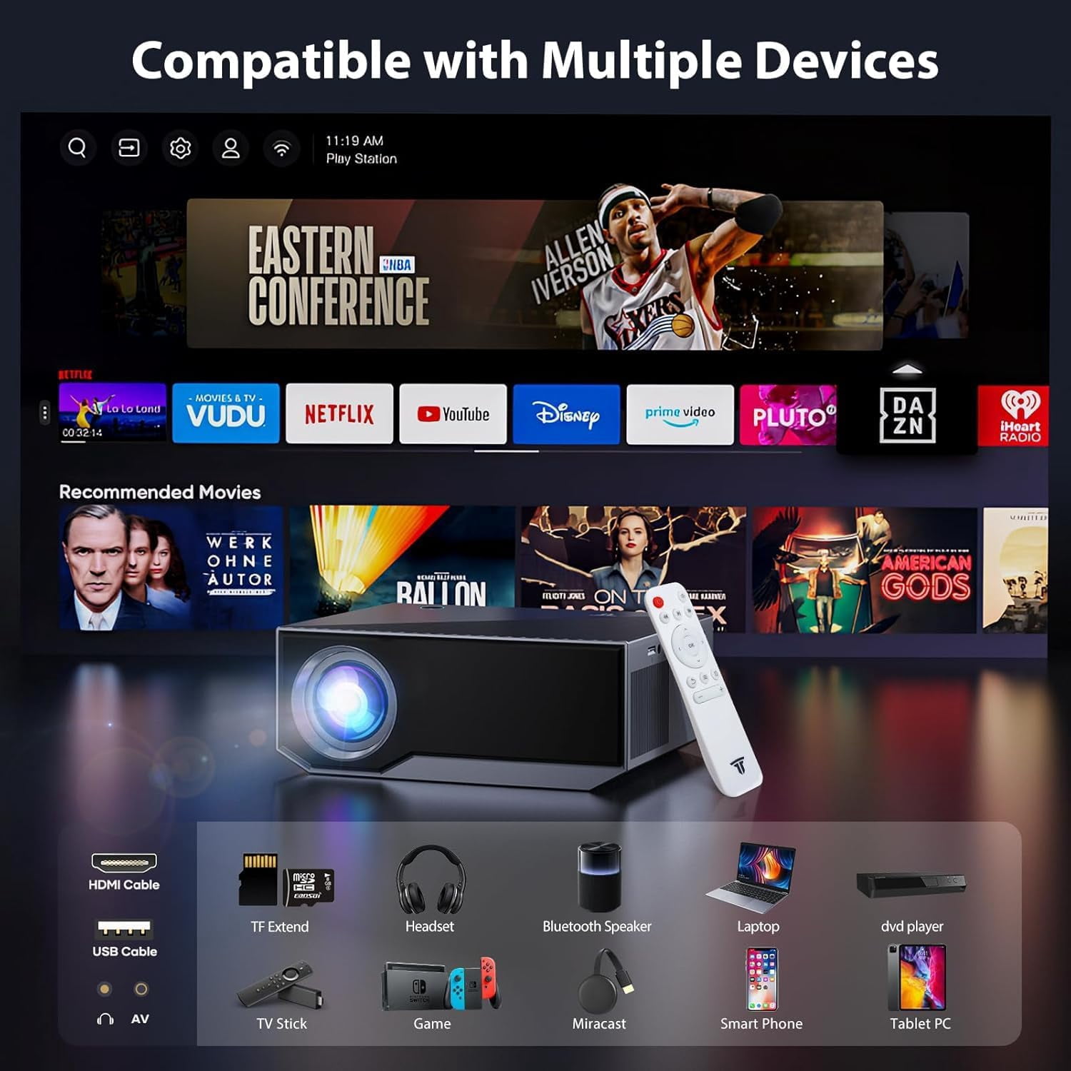 Projector with WIFI and Bluetooth, 1080P Native Full HD Video Projector, 18000L Movie Projector, 300" Max Bild Compatible with Android/iOS/Laptop/TV Stick/X-Box/HDMI/USB（Grey)